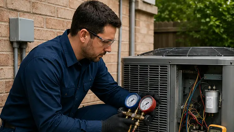 HVAC technician diagnosing refrigerant leaks and repairing